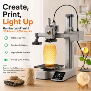 Bambu Lab A1 mini 3D Printer + LED Lamp Kit, Beginner-Friendly FDM Printer with 20-Min Setup, Full-Auto Calibration, Active Flow Rate Compensation, High-Speed Precision Printing, ≤48 dB Quiet Operation