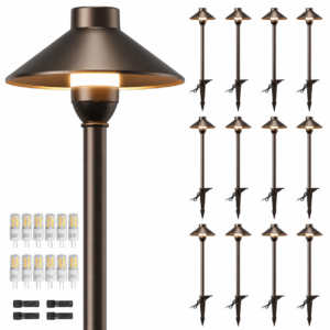 PARTPHONER Low Voltage Landscape Lighting 12 Pack, Aluminum 12V Pathway Lights with Replaceable G4 LED Bulbs, IP65 Waterproof Oil Rubbed Bronze Wired Path Lights with Connectors for Walkway, Yard, Garden, Driveway
