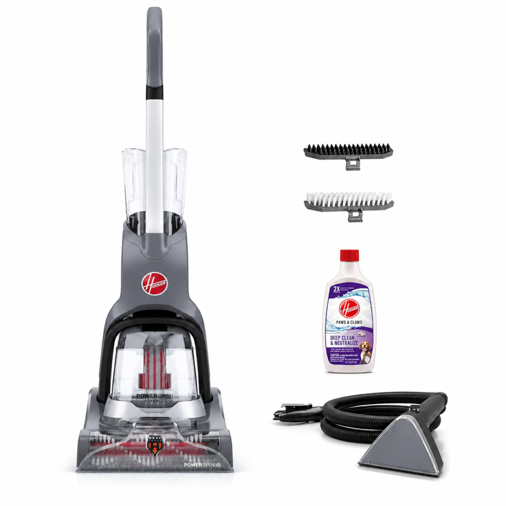 Hoover PowerDash Pet Advanced Compact Carpet Cleaner Machine, Lightweight Carpet Shampooer with Above-Floor Cleaning Tools, HeatForce Faster Drying, PowerSpin Brush Roll for Pet Messes, Includes Sample Cleaning Solution