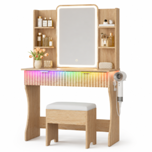 Vanity Desk with LED Lights Mirror & Power Outlet, Small Makeup Vanity Table Set with 2 Drawers, RGB Ambient Lights, 4 Open Shelves, Hair Dryer Holder & Cushioned Stool for Bedroom, Oak