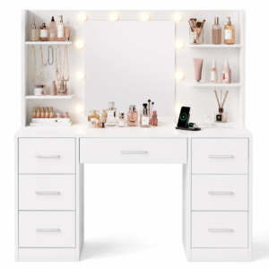 Quimoo Large Makeup Vanity Desk with LED Lighted Mirror & Power Outlet, White Vanity Table with 7 Drawers, 4 Open Shelves and 5 Hooks, Dimmable Dressing Table for Bedroom, Bathroom, Dressing Room