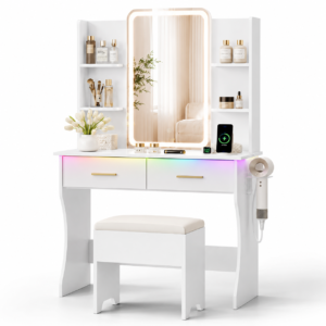 Vanity Desk with LED Lighted Mirror and Power Outlet, 31.5'' Makeup Vanity Table Set with RGB Lights, 3 Color Modes, Storage Drawers, Shelves, Stool and Hair Dryer Rack, White