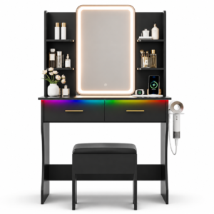 Vanity Desk with LED Lighted Mirror, Power Outlet & RGB Lights, Makeup Vanity Table Set with Stool, 3 Lighting Modes, 2 Drawers & 4 Shelves, Small Dressing Table for Women Girls, Black