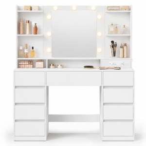 Vanity Desk with Lighted Mirror, 9 LED Bulbs & Built-In Power Outlet, White Makeup Vanity Table with 9 Drawers, 8 Open Shelves, Dimmable 3-Color Lighting, Tool-Free Drawer Slides, for Bedroom, Cloud White
