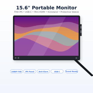15.6" Portable Monitor, 1080P FHD USB-C External Display with IPS Anti-Glare Screen, Mini-HDMI, Kickstand, Tripod Mount, Low Blue Light, Flicker-Free, Protective Sleeve, Travel Monitor for Laptop, Mac, PC & Game Console