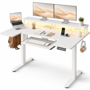 55" U Shaped Electric Standing Desk with Keyboard Tray, Monitor Stand, Power Outlets & LED Lights, Height Adjustable Sit Stand Desk with Storage Hooks for Home Office, Study & Gaming, White