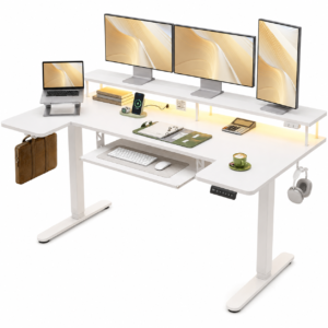 U Shaped Electric Standing Desk, 63 Inch Height Adjustable Sit Stand Desk with Keyboard Tray, Full Monitor Stand, 3 AC Outlets, 2 USB Ports & LED Lights, Home Office Computer Desk, White