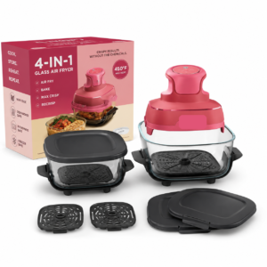 4-in-1 Glass Air Fryer Cooking System, Portable 1500W Air Fryer with 4QT & 6-Cup Borosilicate Glass Containers, Max Crisp, Air Fry, Bake & Recrisp, 450°F, Non-Toxic, Dishwasher, Microwave & Freezer Safe, Cherry Crush