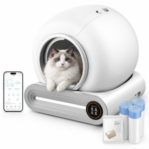 Automatic Self-Cleaning Cat Litter Box, 2026 Upgraded Smart Robot Cat Litter Box for Multiple Cats, 65L Extra Large Interior with 9L Waste Bin, APP Control, Odor Removal, Safety Sensors, 3 Litter Bag Rolls & Odor Eliminator Included, White