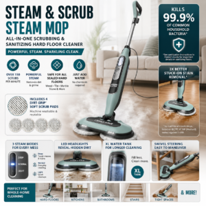 Steam & Scrub Steam Mop, All-in-One Scrubbing and Sanitizing Hard Floor Cleaner with Rotating Pads, LED Headlights, 3 Steam Modes, XL Water Tank, Swivel Steering, 4 Washable Soft Scrub Pads for Sealed Hardwood, Tile, Marble & Stone, Hawaiian Grey