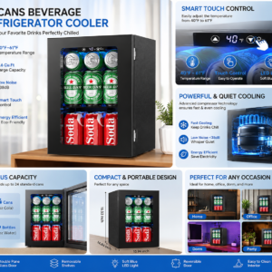 Electactic 24 Cans Beverage Refrigerator Cooler, 0.6 Cu.Ft Mini Fridge Countertop Drink Cooler with Smart Touch Digital Temperature Control, Glass Door, LED Light, Compact Beverage Fridge for Soda, Beer, Wine, Home, Dorm, Office, Black