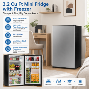 3.2 Cu Ft Mini Fridge with Freezer, Compact Single Door Refrigerator with Reversible Door, 5-Level Adjustable Thermostat, Energy Efficient Low Noise Small Fridge for Bedroom, Office, Dorm & Kitchen, Silver
