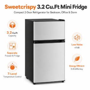 3.2 Cu.Ft Mini Fridge with Freezer, 2 Door Compact Refrigerator with Adjustable Thermostat, Energy Efficient Low Noise Small Refrigerator for Bedroom, Office, Dorm, Apartment, Silver